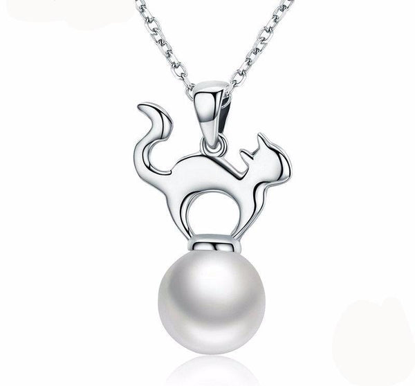 Sterling Silver Cute Cat Pearl Necklace - Cat Roar Store