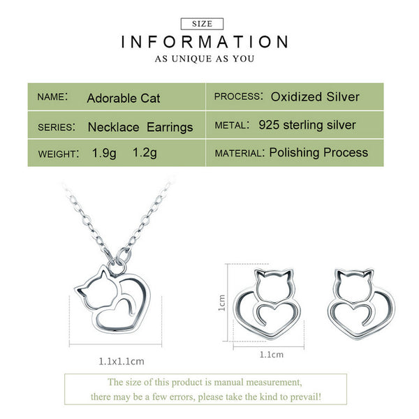 Sterling Silver Cat Heart Necklace and Earrings Set