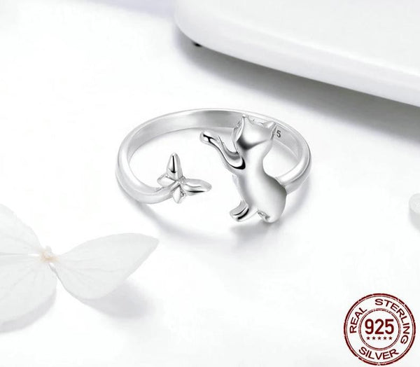 Sterling Silver Cat and Butterfly Ring
