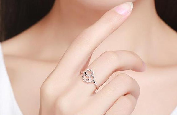 925 Sterling Silver Cat & Heart Ring - Cat Roar Store