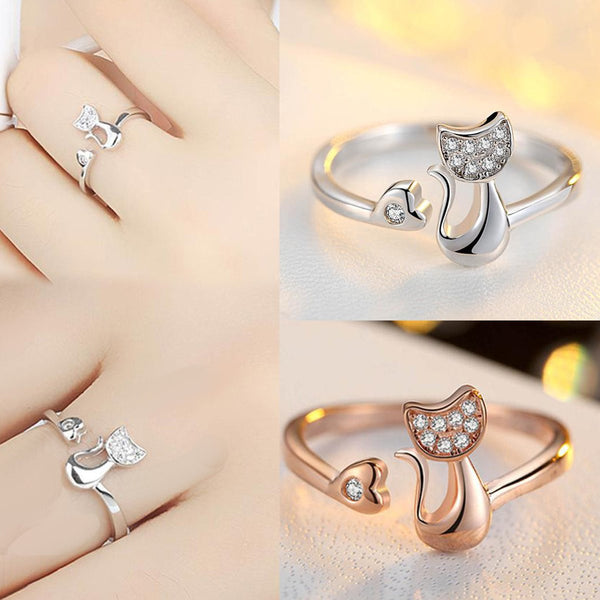 Cat Heart Open Adjustable Ring - Rose Gold or Silver Plated - Cat Roar Store