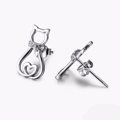 925 Sterling Silver Cat Heart Earrings - Cat Roar Store