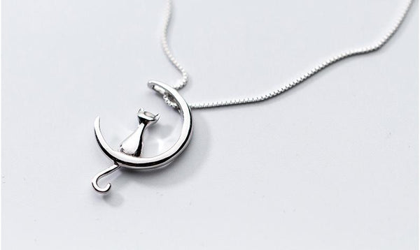 Silver Plated Cute Cat Moon Necklace