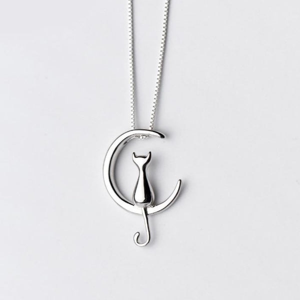 Silver Plated Cute Cat Moon Necklace