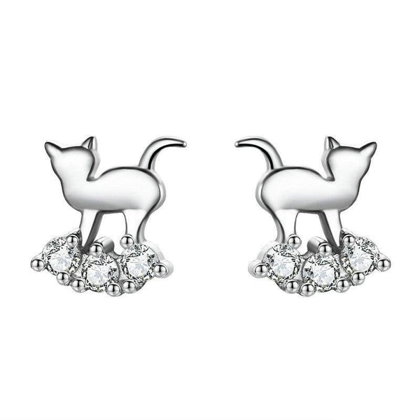 Sterling Silver CZ Cat Stud Earrings
