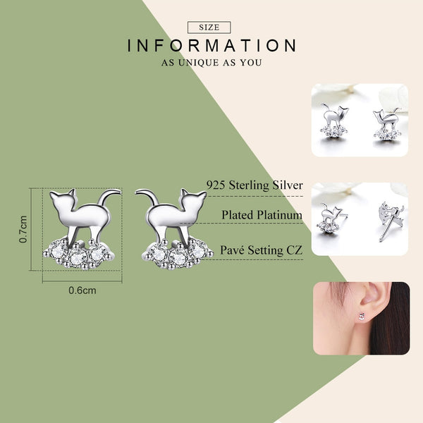 Sterling Silver CZ Cat Stud Earrings