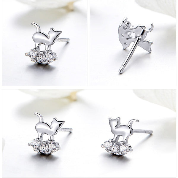 Sterling Silver CZ Cat Stud Earrings