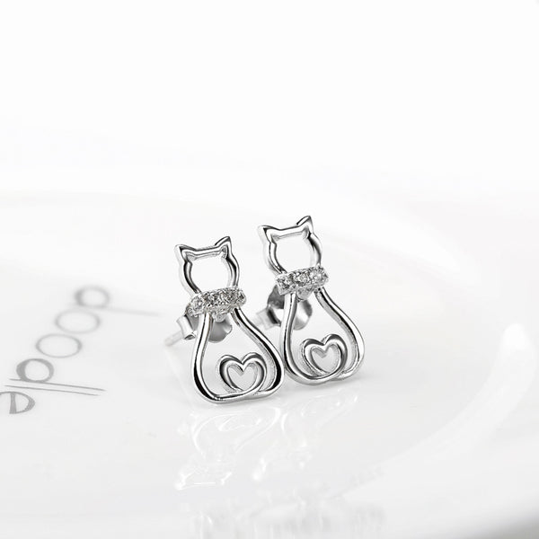 925 Sterling Silver Cat Heart Earrings - Cat Roar Store