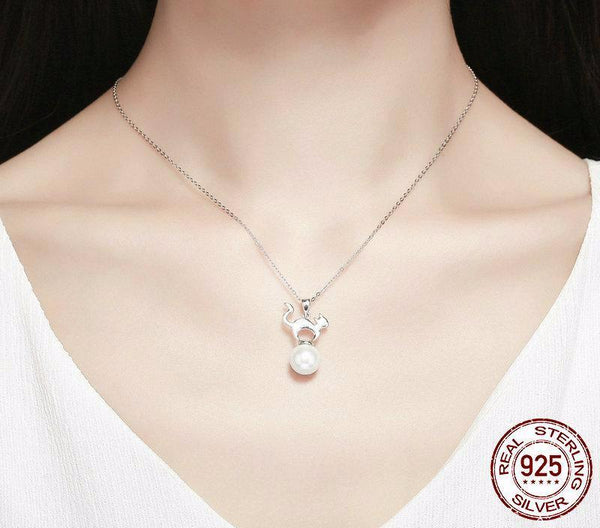 Sterling Silver Cute Cat Pearl Necklace - Cat Roar Store