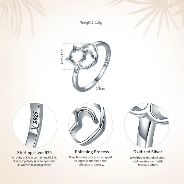 925 Sterling Silver Cat & Heart Ring - Cat Roar Store