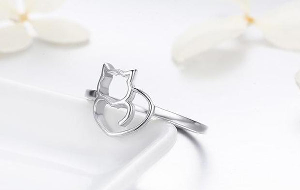 925 Sterling Silver Cat & Heart Ring - Cat Roar Store