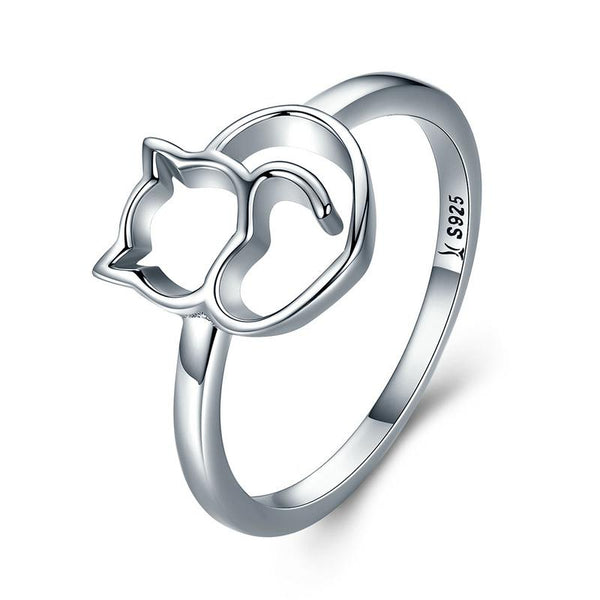 925 Sterling Silver Cat & Heart Ring - Cat Roar Store