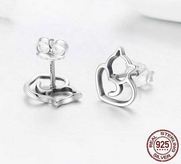 925 Sterling Silver Cute Cat Heart Earrings