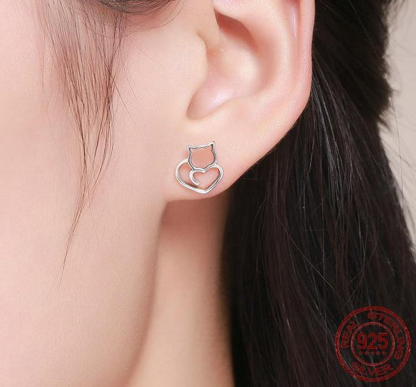 925 Sterling Silver Cute Cat Heart Earrings