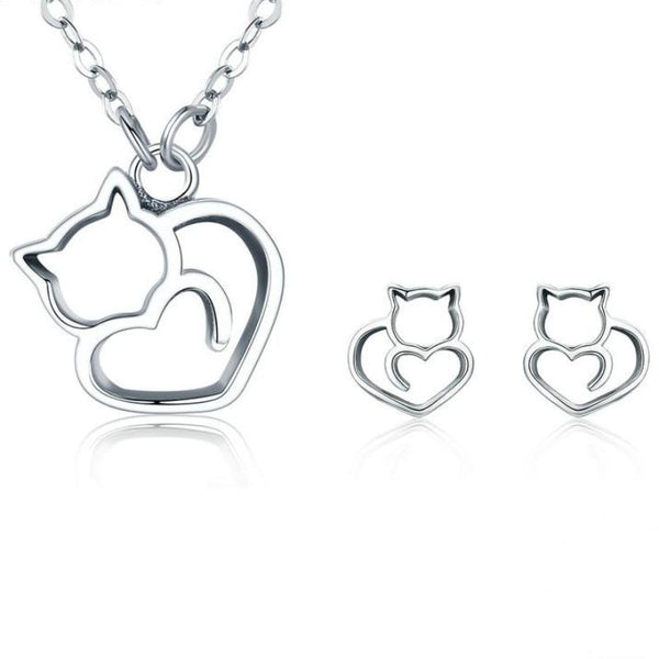 Sterling Silver Cat Heart Necklace and Earrings Set