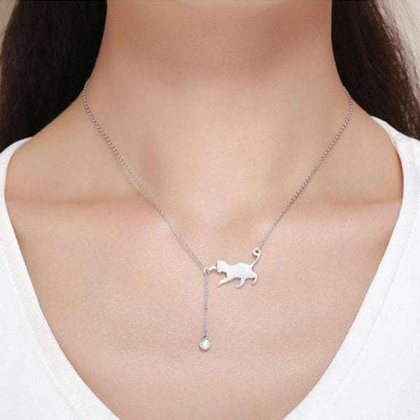 Sterling Silver Cute Cat CZ Necklace